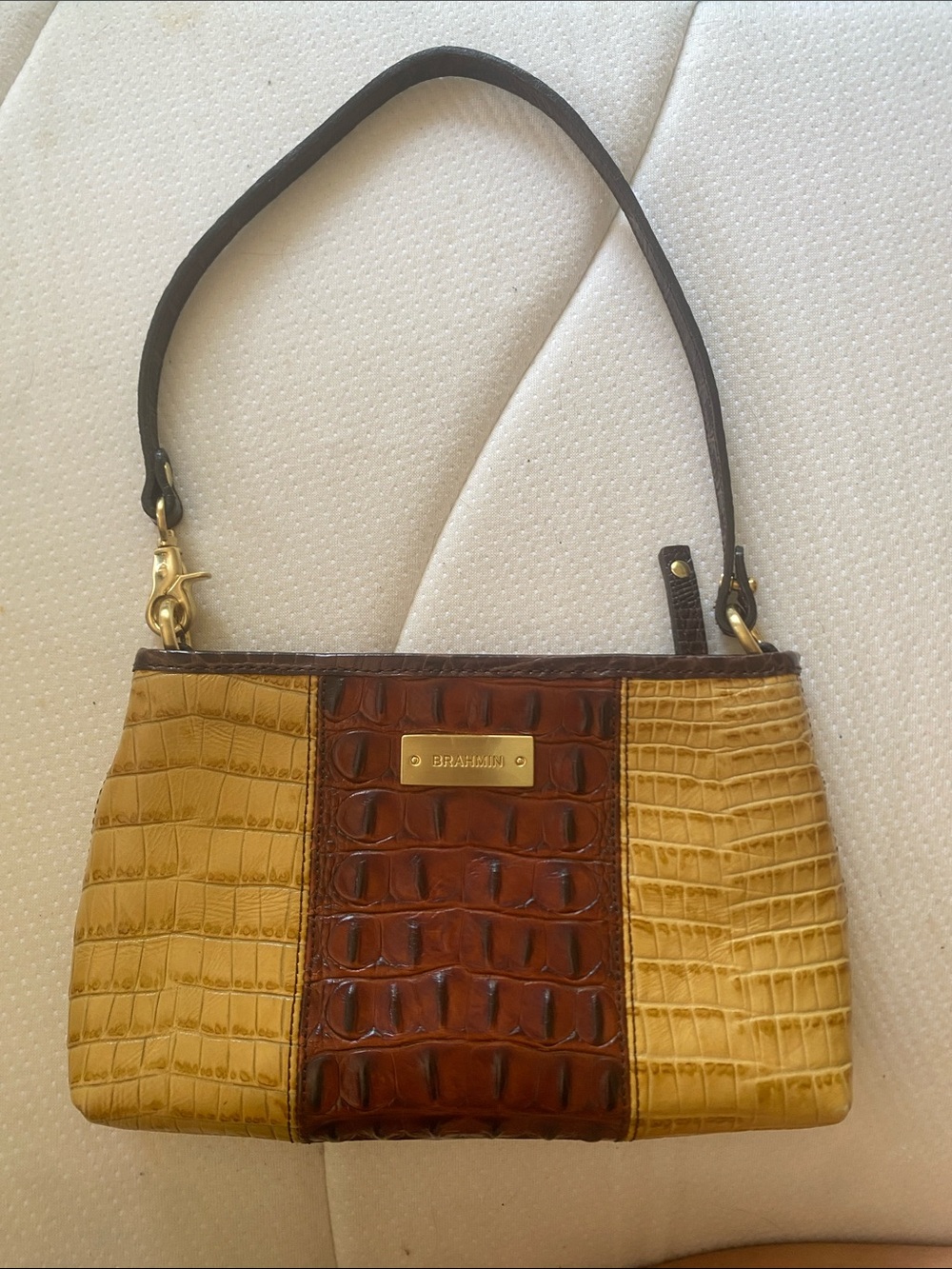 Brahmin Two-Tone Croc-Embossed Leather Shoulder Bag in Yellow and Brown